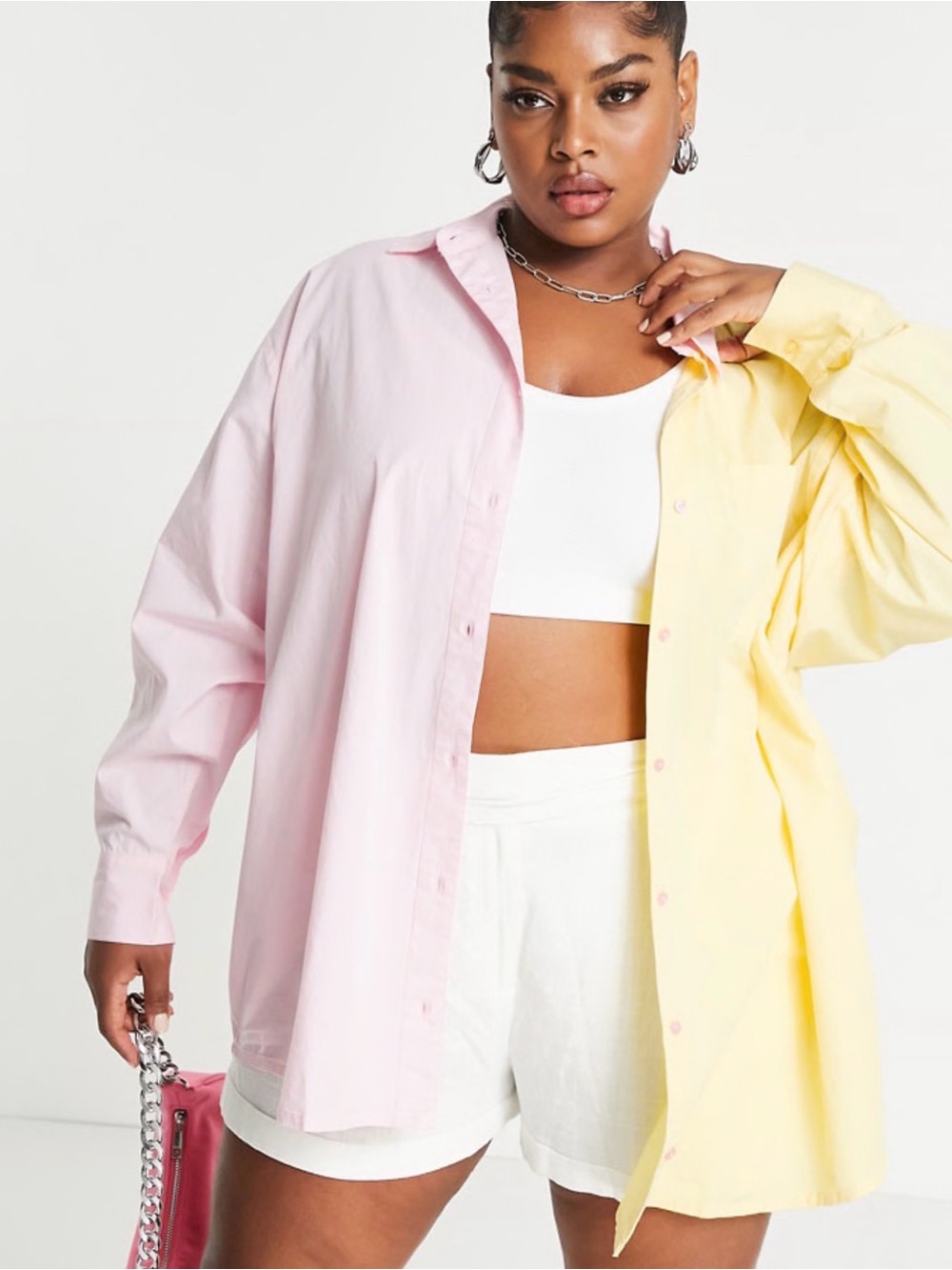 Rumored Two-Tone Button-Down Shirt in Pastel Pink & Pale Yellow
